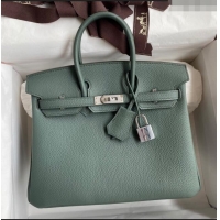 Top Grade Hermes Birkin 25cm Bag in Original Togo Leather HB025 Almond Green/Silver (Pure Handmade)