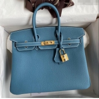 Buy Luxurious Hermes Birkin 25cm Bag in Original Togo Leather HB025 Denim Blue/Gold (Pure Handmade)