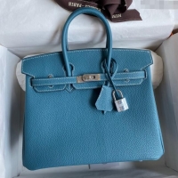 Grade Quality Hermes Birkin 25cm Bag in Original Togo Leather HB025 Denim Blue/Silver (Pure Handmade)