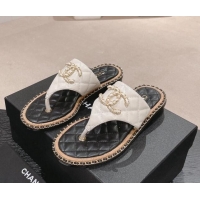 Unique Style Chanel Quilted Lambskin Flat Thong Slide Sandals with Chain CC White 423055