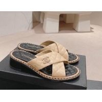 Shop Duplicate Chanel Quilted Lambskin Heel Slide Sandals 4cm with Chain and Cross Strap Beige 0423061