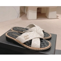 Good Looking Chanel Quilted Lambskin Flat Slide Sandals with Chain and Cross Strap White 423062