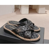 Grade Quality Chanel Quilted Lambskin Flat Slide Sandals with Chain and Cross Strap Black 423063