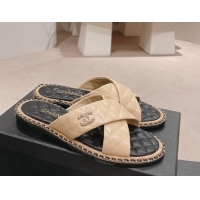 Good Product Chanel Quilted Lambskin Flat Slide Sandals with Chain and Cross Strap Beige 423064