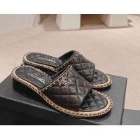 Luxurious Chanel Quilted Lambskin Heel Slide Sandals 4cm with Chain Charm Black 0423067