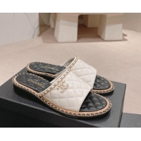 Top Design Chanel Quilted Lambskin Flat Slide Sandals with Chain Charm White 0423068