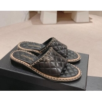 Buy Luxury Chanel Quilted Lambskin Flat Slide Sandals with Chain Charm Black 0423071