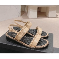 Grade Chanel Quilted Lambskin Strap Flat Sandals with Chain Charm Beige 423074