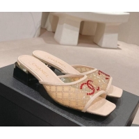 Trendy Design Chanel PVC Heel Slide Sandals 3.5cm with Red CC and Crystals Beige 423082