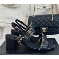 1:1 aaaaa Chanel Quilted Lambskin Strap Heel Sandals 5cm with Chain Black 0423085