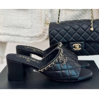 Sophisticated Chanel Quilted Lambskin Heel Slide Sandals 5cm with Chain Black 423088