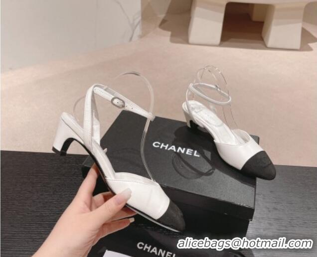 Grade Quality Chanel Lambskin & Grosgrain Slingbacks Pumps 5cm G45370 White 0423095