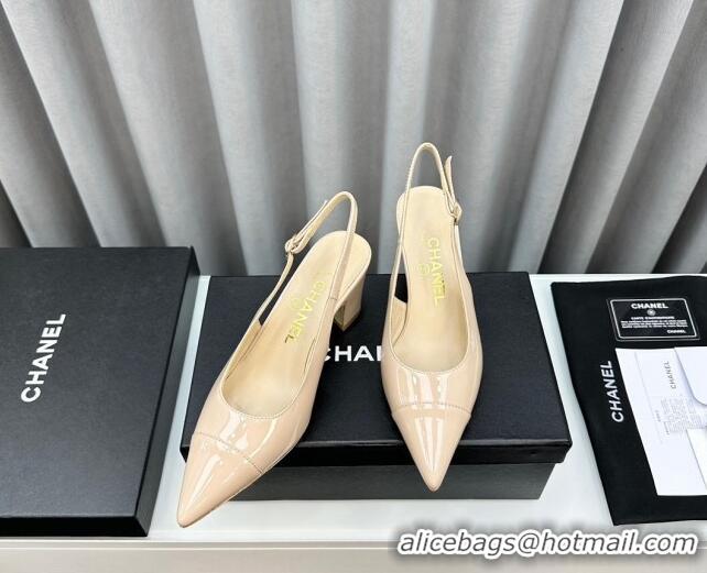 Charming Chanel Patent Calfskin Slingbacks Pumps 6cm Beige 0423096