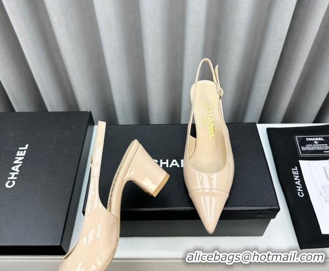 Charming Chanel Patent Calfskin Slingbacks Pumps 6cm Beige 0423096