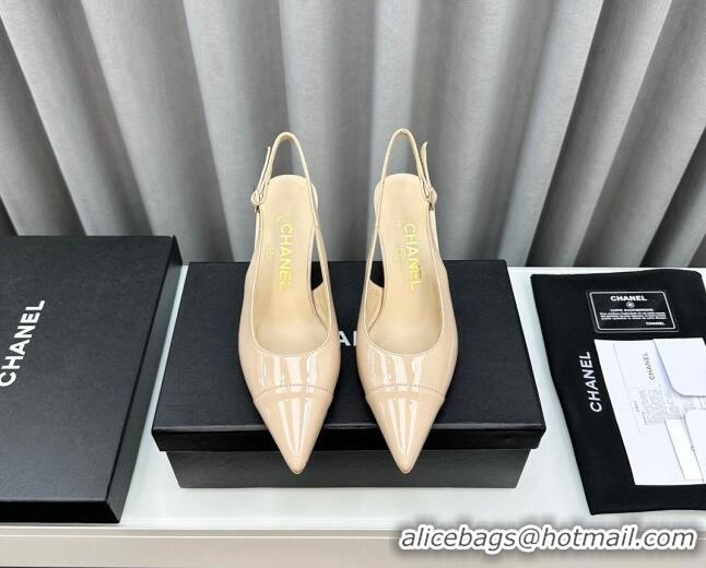 Charming Chanel Patent Calfskin Slingbacks Pumps 6cm Beige 0423096