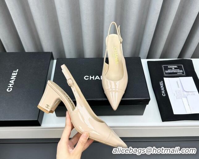 Charming Chanel Patent Calfskin Slingbacks Pumps 6cm Beige 0423096