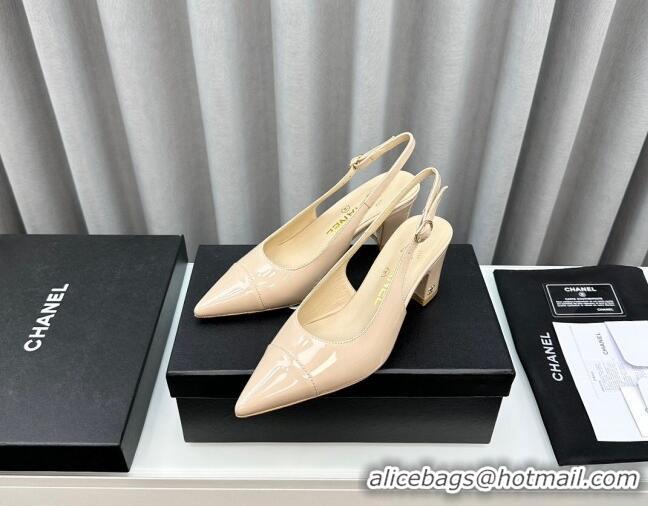 Charming Chanel Patent Calfskin Slingbacks Pumps 6cm Beige 0423096