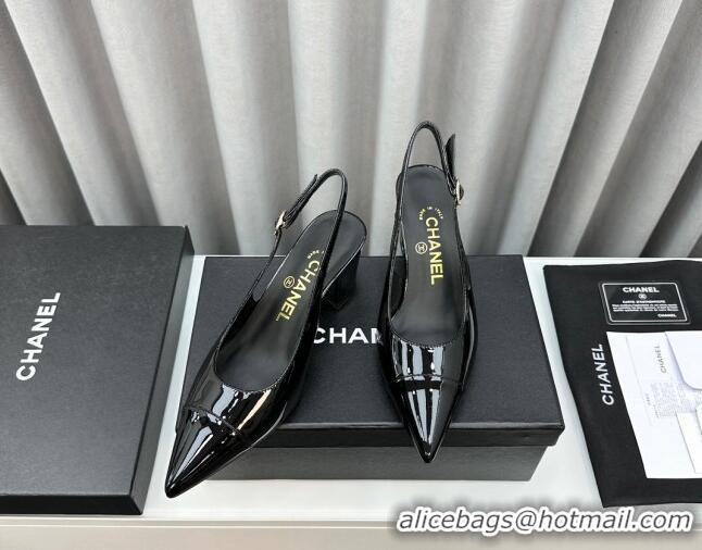 Classic Hot Chanel Patent Calfskin Slingbacks Pumps 6cm Black 423099