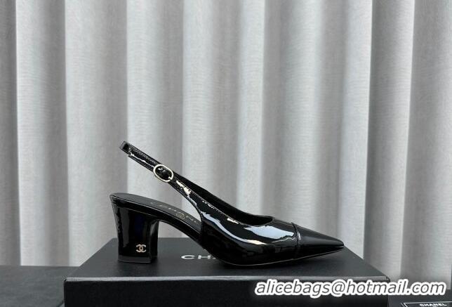 Classic Hot Chanel Patent Calfskin Slingbacks Pumps 6cm Black 423099