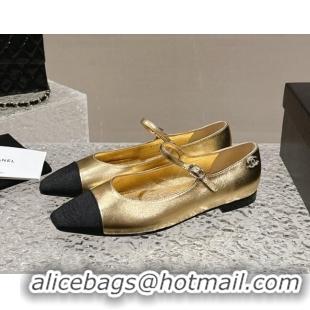 Unique Style Chanel Lambskin & Grosgrain Mary Janes Flat Ballet Gold 423102