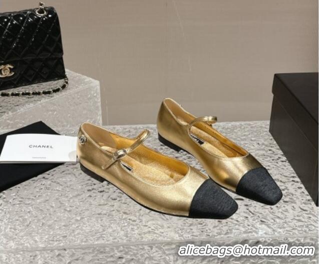 Unique Style Chanel Lambskin & Grosgrain Mary Janes Flat Ballet Gold 423102