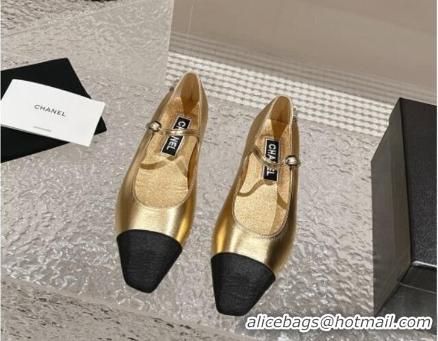 Unique Style Chanel Lambskin & Grosgrain Mary Janes Flat Ballet Gold 423102