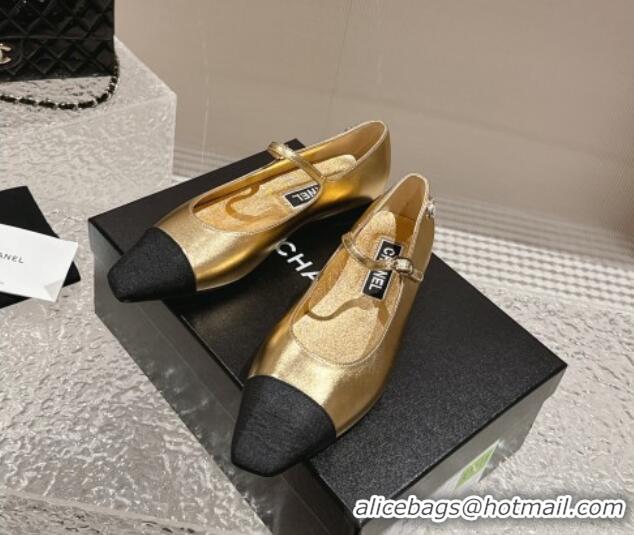 Unique Style Chanel Lambskin & Grosgrain Mary Janes Flat Ballet Gold 423102