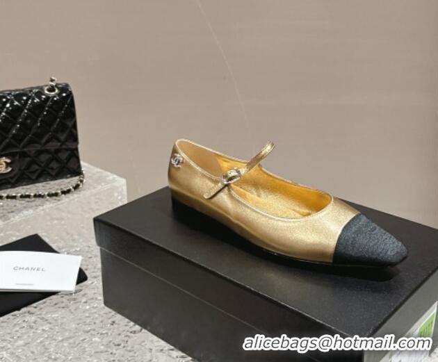 Unique Style Chanel Lambskin & Grosgrain Mary Janes Flat Ballet Gold 423102