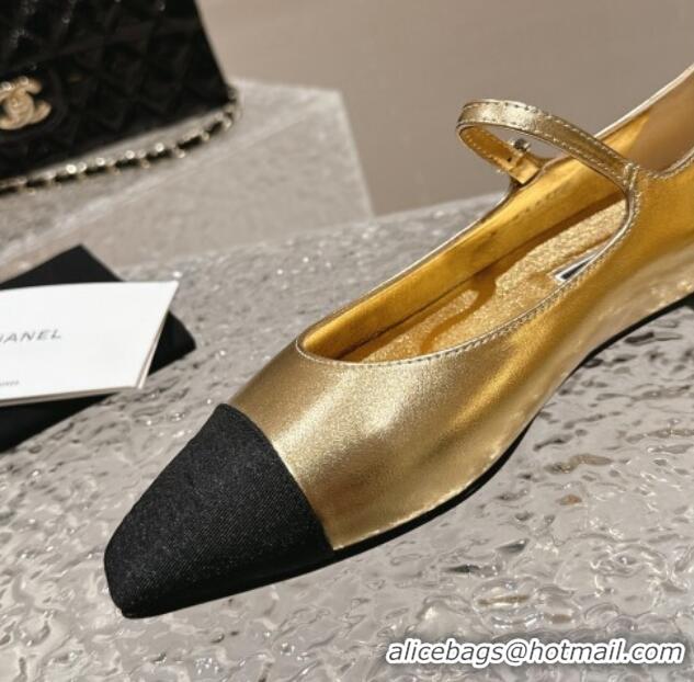 Unique Style Chanel Lambskin & Grosgrain Mary Janes Flat Ballet Gold 423102