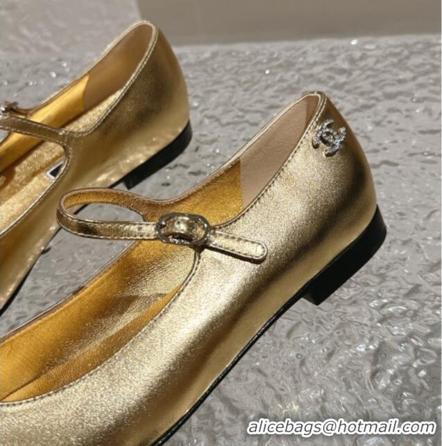 Unique Style Chanel Lambskin & Grosgrain Mary Janes Flat Ballet Gold 423102