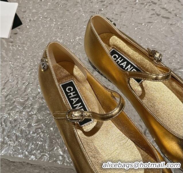 Unique Style Chanel Lambskin & Grosgrain Mary Janes Flat Ballet Gold 423102