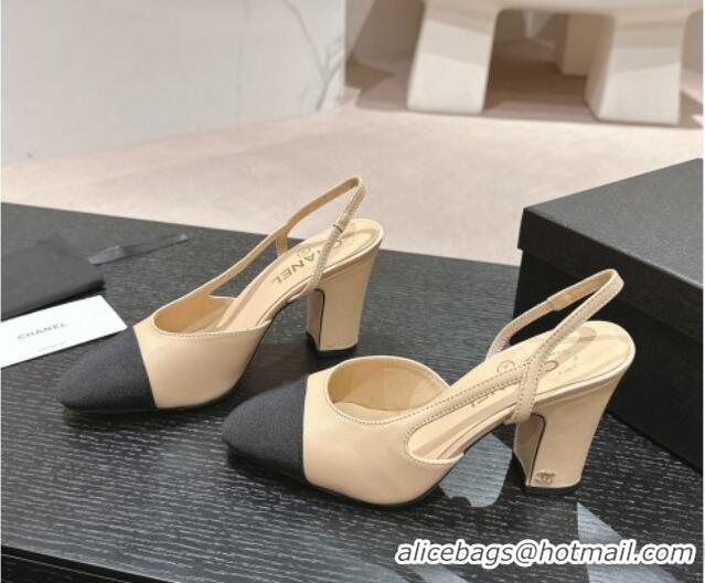 Stylish Chanel Lambskin & Grosgrain Slingbacks Pumps 9cm G45509 Beige 0423104