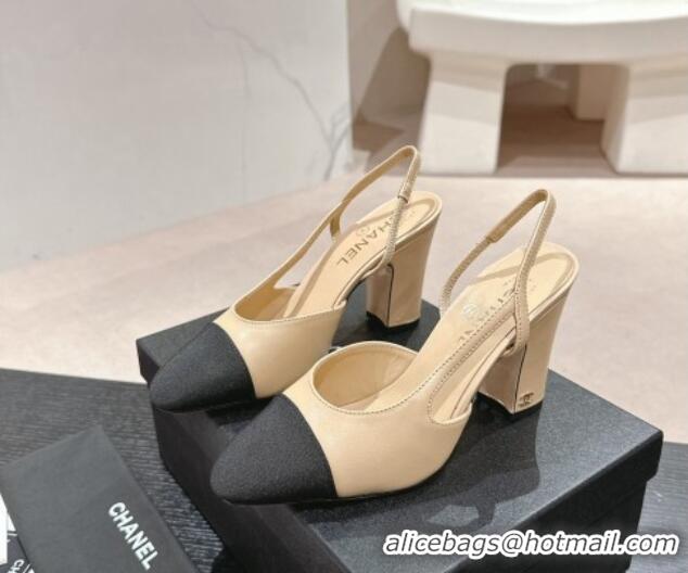 Stylish Chanel Lambskin & Grosgrain Slingbacks Pumps 9cm G45509 Beige 0423104