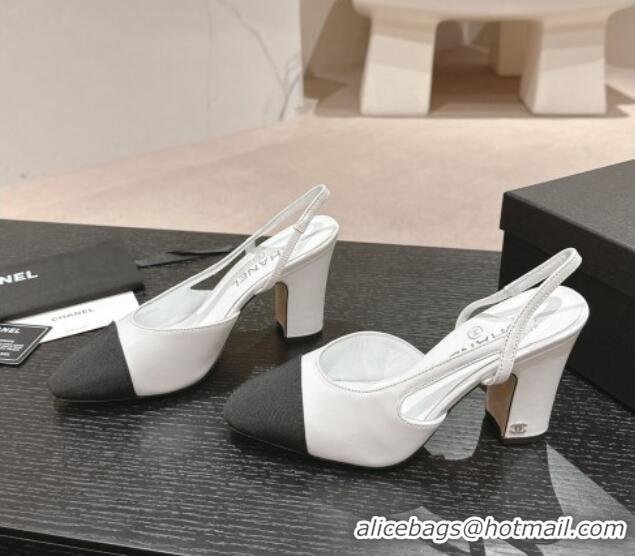 Good Quality Chanel Lambskin & Grosgrain Slingbacks Pumps 9cm G45509 White 423105