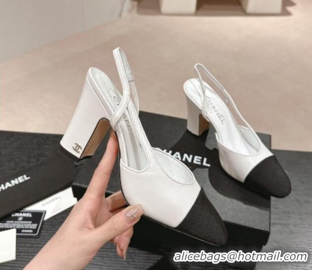 Good Quality Chanel Lambskin & Grosgrain Slingbacks Pumps 9cm G45509 White 423105