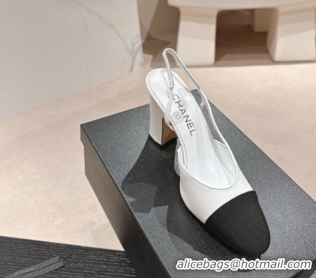 Good Quality Chanel Lambskin & Grosgrain Slingbacks Pumps 9cm G45509 White 423105