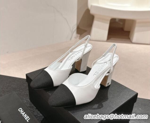 Good Quality Chanel Lambskin & Grosgrain Slingbacks Pumps 9cm G45509 White 423105