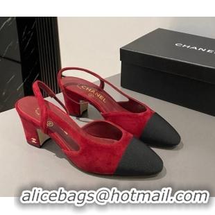 Best Grade Chanel Suede & Grosgrain Slingbacks Pumps 6.5cm G31318 Red 423124