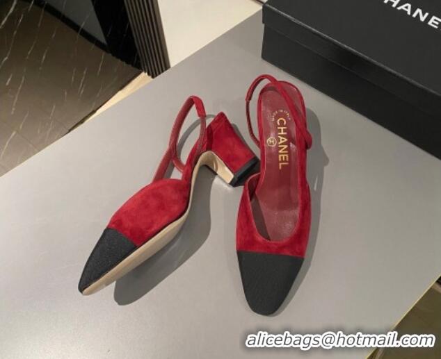 Best Grade Chanel Suede & Grosgrain Slingbacks Pumps 6.5cm G31318 Red 423124