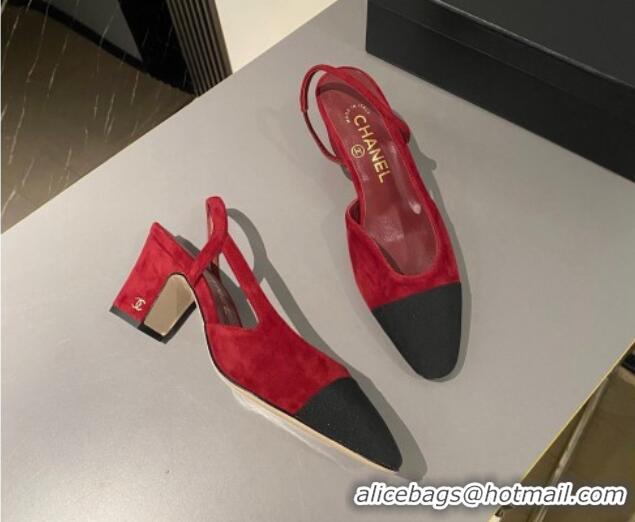 Best Grade Chanel Suede & Grosgrain Slingbacks Pumps 6.5cm G31318 Red 423124