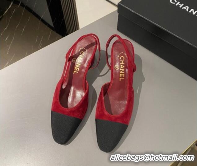 Best Grade Chanel Suede & Grosgrain Slingbacks Pumps 6.5cm G31318 Red 423124