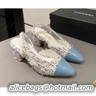 Sumptuous Chanel Tweed & Calfskin Slingbacks Pumps 6.5cm G31318 Blue 423126