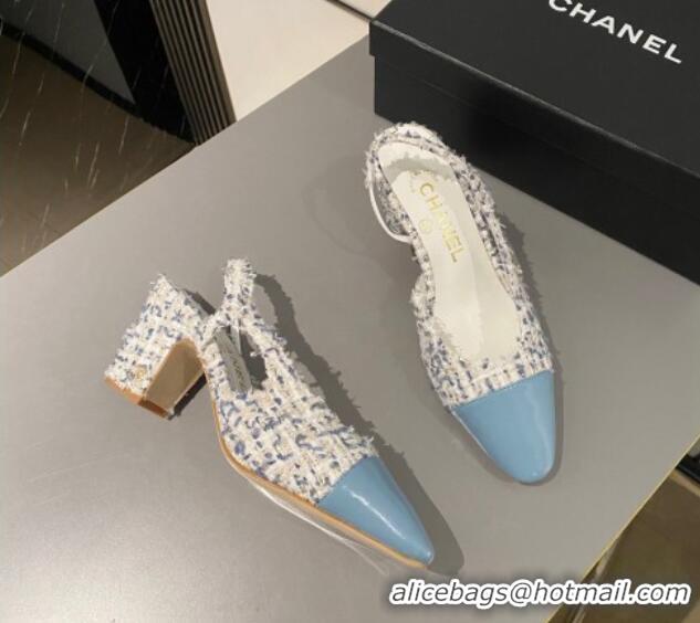 Sumptuous Chanel Tweed & Calfskin Slingbacks Pumps 6.5cm G31318 Blue 423126