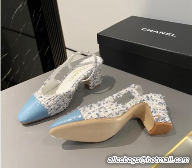 Sumptuous Chanel Tweed & Calfskin Slingbacks Pumps 6.5cm G31318 Blue 423126