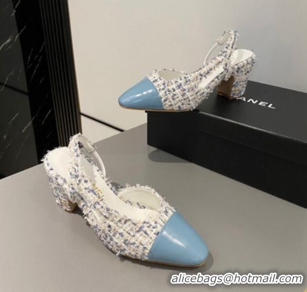 Sumptuous Chanel Tweed & Calfskin Slingbacks Pumps 6.5cm G31318 Blue 423126