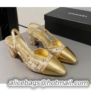 Best Grade Chanel Tweed & Calfskin Slingbacks Pumps 6.5cm G31318 Gold 423116