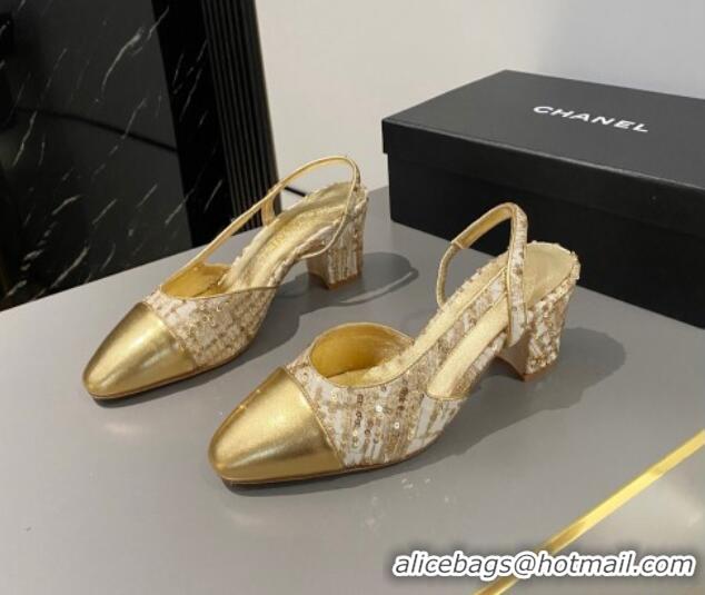 Best Grade Chanel Tweed & Calfskin Slingbacks Pumps 6.5cm G31318 Gold 423116