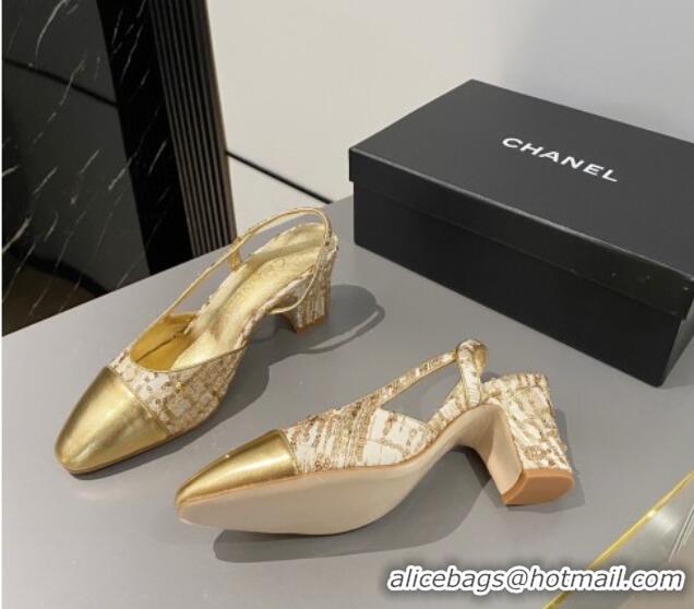 Best Grade Chanel Tweed & Calfskin Slingbacks Pumps 6.5cm G31318 Gold 423116