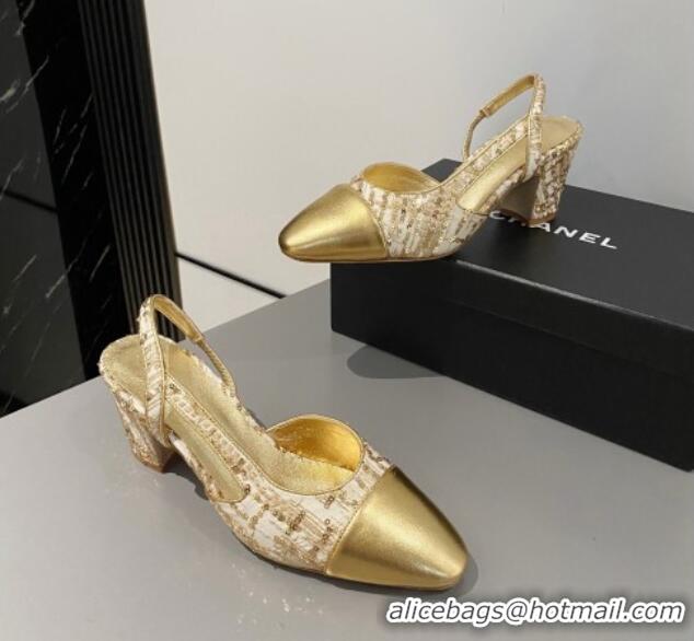 Best Grade Chanel Tweed & Calfskin Slingbacks Pumps 6.5cm G31318 Gold 423116