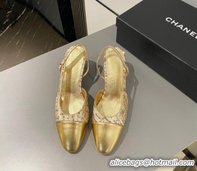 Best Grade Chanel Tweed & Calfskin Slingbacks Pumps 6.5cm G31318 Gold 423116